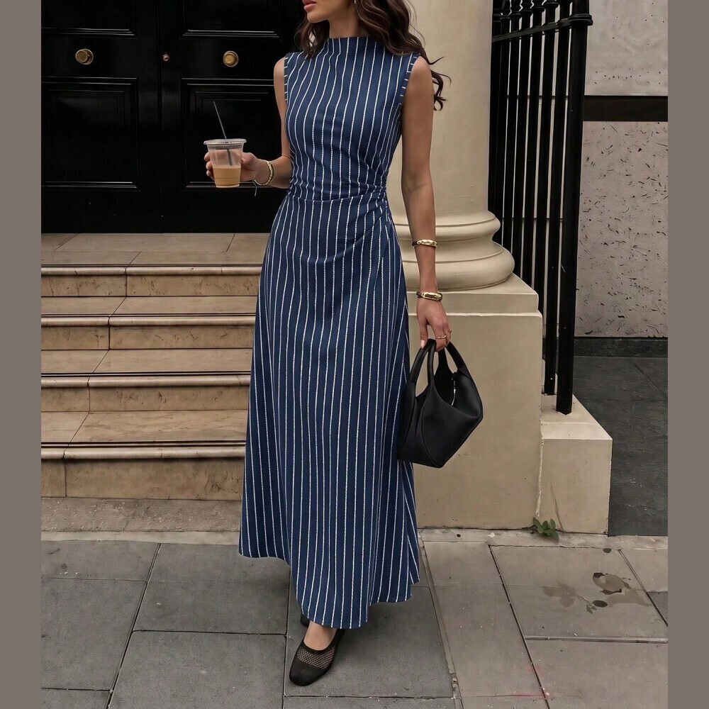 Navy Pinstripe Stand Collar Sleeveless Slim Fit Maxi Dress